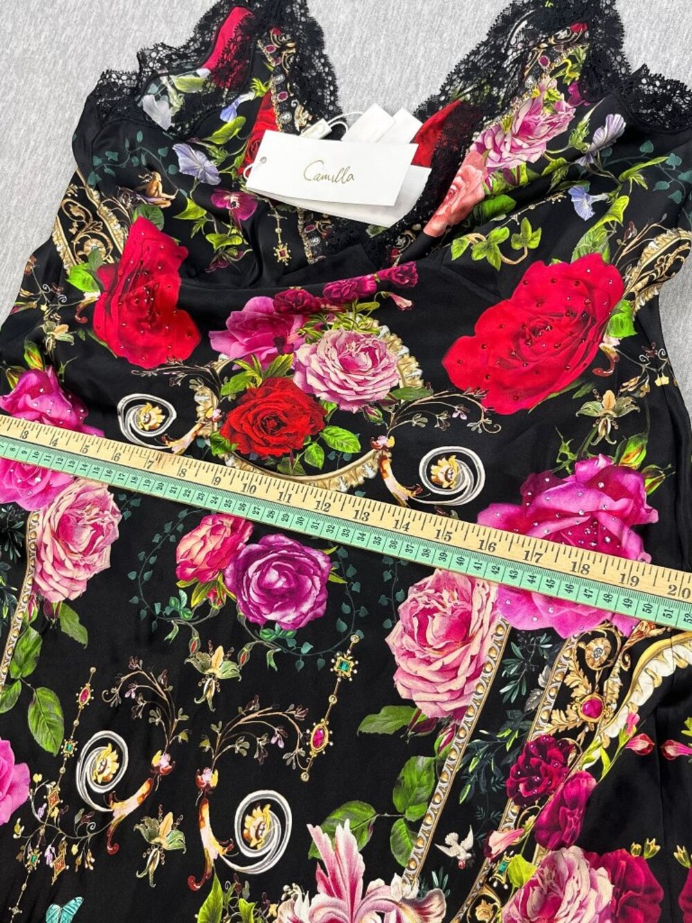 Camilla V-Neck Bias Slip Nightie Womens M Floral Lace "Reservation For Love" NEW - Picture 11 of 12